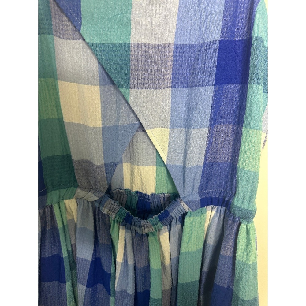 NWT LOFT Seersucker Blue Plaid Cutout Back Dress Midi Pocket Small Brunch Picnic - Picture 11 of 16